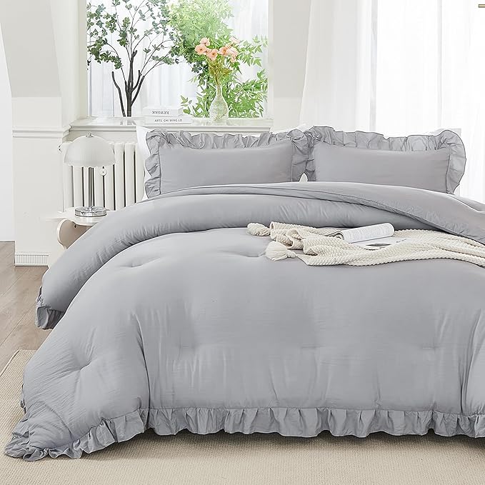 Andency Silver Gray Comforter Set Queen Size, 3 Pieces Shabby Chic Ruffle Bedding Comforter Sets for Queen Bed, Lightweight Fluffy Soft Microfiber Farmhouse Comforter Set