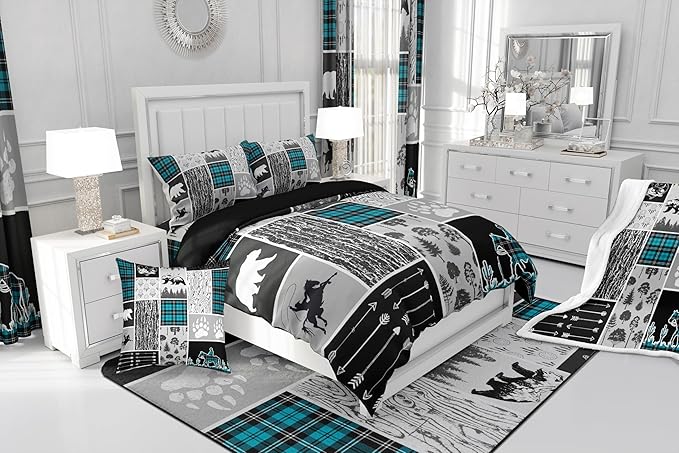Erosebridal Western Bedding King Size,Farmhouse Horse Cowboy Comforter Set Cabin Decor,Retro Mint Green Plaid Grid Quilt Western Bed Set,Wild Animals Paw Arrow Hunting Theme Duvet Insert