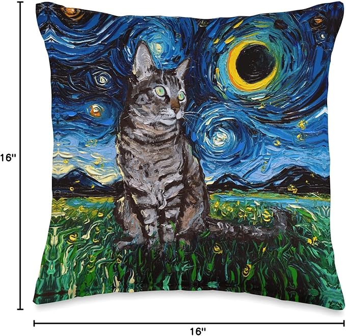 Gray Tabby Tiger Cat Starry Night Moon and Stars Artwork Throw Pillow