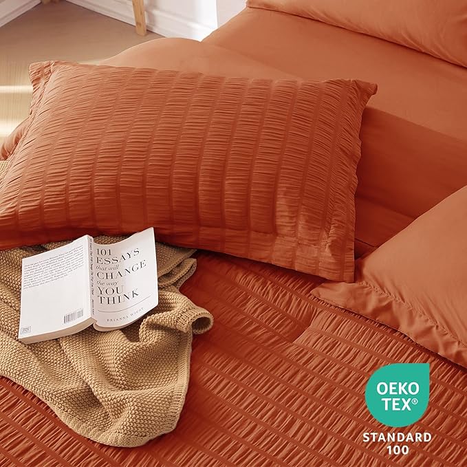 MUXHOMO 7 Pieces California King Comforter Set, Seersucker Bed in a Bag Cal King Size, All Season Luxury Bedding Set with Comforter, Flat Sheet, Fitted Sheet, Pillowcases & Shams, Burnt Orange