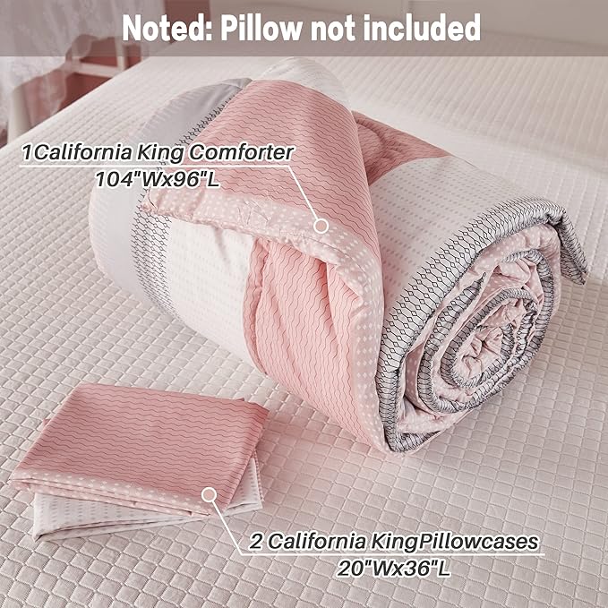 Litanika Pink California King Comforter Set - 3 Pieces Blush Cal King Oversized Lightweight Summer Colorblock Stripe Bedding Set (104x96In, 2 Pillowcases)