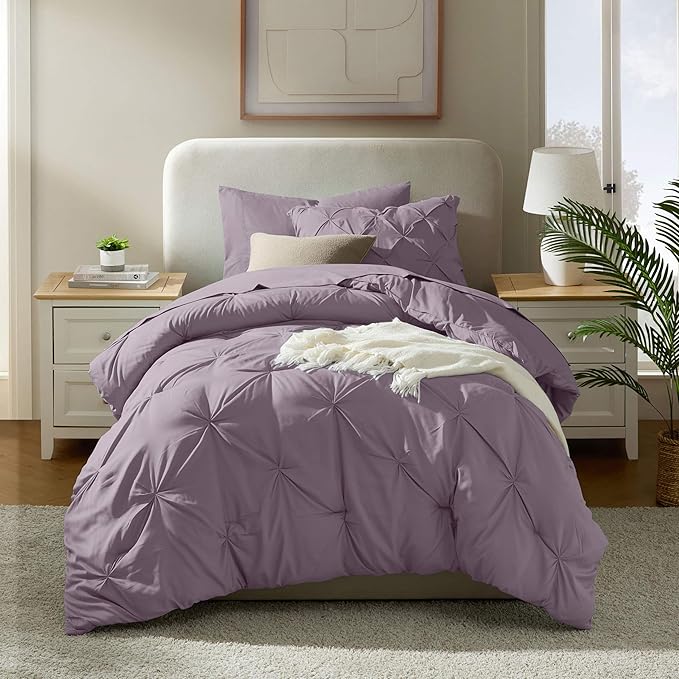 Nestl Twin Comforter Set 5 Piece - Pintuck Twin Bedding Set Grayish Purple, College Dorm Essentials for Girls and Boys Bed in a Bag Twin All Season, Twin Comforter Set with Sheets, Pillowcase and Sham