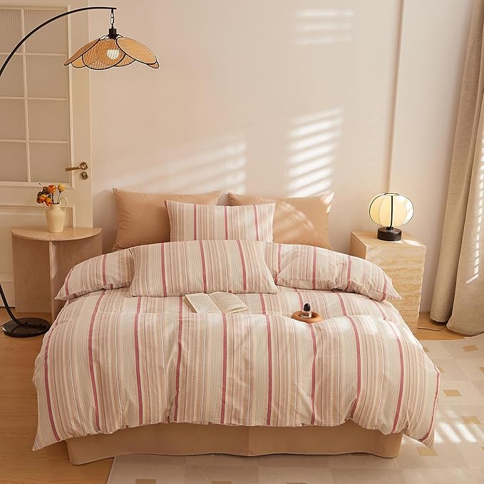HighBuy Twin XL Size Comforter Set,Striped Bedding Set 3 Piece Brown Pink Stripes Pattern Printed Comforter Fluffy Lightweight Bedding Comforter Set for Teen Girls,1 Comforter,2 Pillowcases