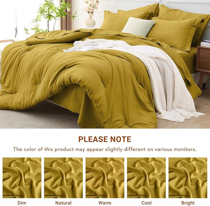 MUXHOMO 7 Pieces Queen Comforter Set, Soft Bed in a Bag Queen Size, All Season Bedding Set with Comforter, Flat Sheet, Fitted Sheet, Pillowcases & Shams, Mustard Yellow