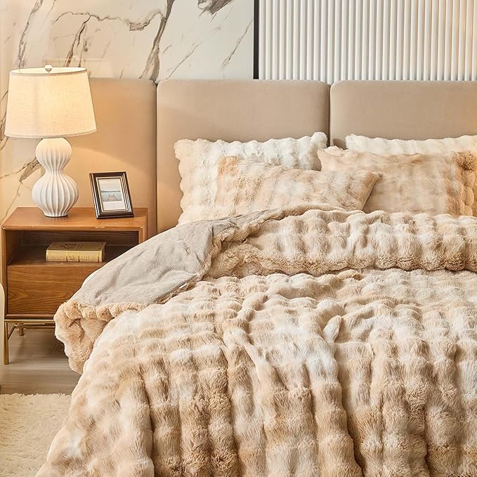 Twin Faux Rabbit Fur Comforter Set - 3 Pieces Fluffy Bedding Set Ultra Soft Warm Shaggy Winter Flannel Bed Set, Luxury Skin Friendly Sherpa Comforter Set & Pillow for Thanksgiving Tie Dye Coffee