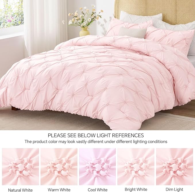 BEDELITE Baby Pink King Size Comforter Set - 3 Pieces Boho Pintuck Bedding Comforter Sets, Lightweight Soft & Warm King Bedding Set with 2 Pillowcases for All Season