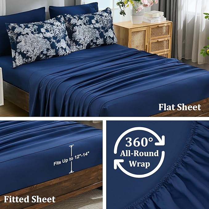 DJY King Size Comforter Sets, 7 Pieces Bed in a Bag King Navy Blue Botanical Comforter Set with Sheets, White Elegant Plants Print Soft Microfiber Reversible Complete Bedding Sets for All Season
