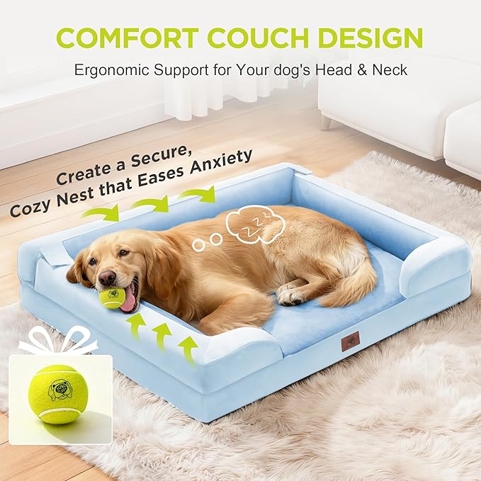 Extra Large Dog Bed, Orthopedic XL Washable Bed for Big Dog Waterproof Pet Couch Sofa Bolster with Removable Cover, Non-Slip Bottom, Tennis Ball Toy, 42x30