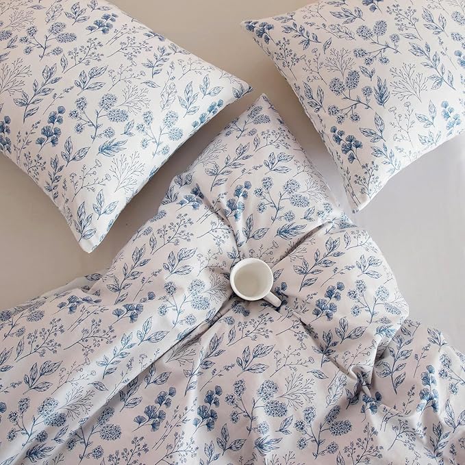 mixinni Blue Floral Comforter Set Twin/Twin XL Size, Boho Botanical Flowers Cute Bedding Comforter Sets for Women, 1 Soft Fluffy Garden Style Comforter and 2 Pillowcases for All Seasons