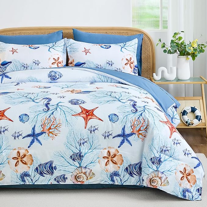 WONGS BEDDING Coastal Queen Comforter Set, 7 Pieces Beach Themed Ocean Sand Dollor & Starfish Pattern Bed in a Bag, Summer Bed Comforter Bedding Set(104"×90")