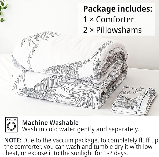 Botanical Cotton Comforter Queen Size - White Comforter with Delicate Black Leaves Patterns,Grey Reversible Lightweight Bedding Sets 3Pcs(Stripes)