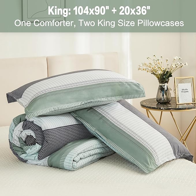Litanika King Size Comforter Set Sage Green - 3 Pieces Lightweight Quilt Bedding Comforter Sets, Light Green White Colorblock Stripe Fluffy Bed Set, All Season Down Alternative