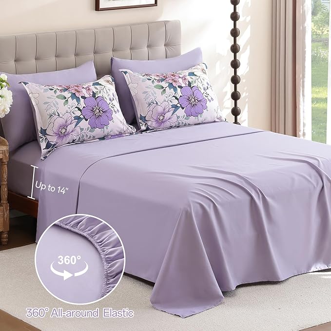 Xruibed Purple Floral Comforter Set King Size 7 Pieces Bed in a Bag Flower Comforter Set with Sheet, Pillowcases, Pillowshams, Soft Microfiber Bedding Set for All Season (King 104''x90'')