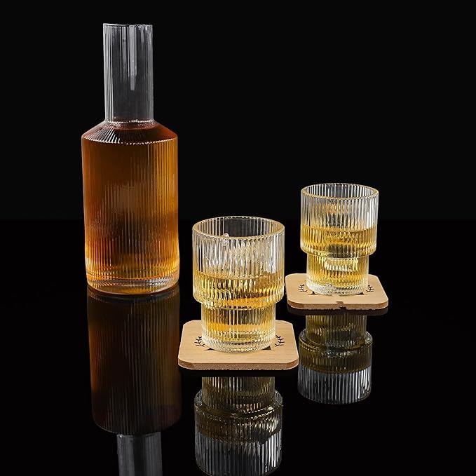 3pc Vintage Bedside Water Carafe and Glass Set - 28.7oz Glass Juice Pitcher with Lids for Fridge or Nightstand - Use for Water, Juice, Milk, Wine, and More