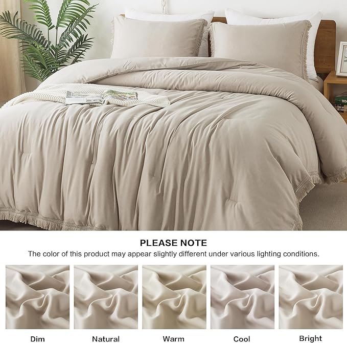 Andency Oatmeal Comforter Set Queen, 3 Pieces Boho Tassel Lightweight Bedding Comforter Sets, All Season Soft Fluffy Fringe Bed Set (90x90In Comforter & 2 Pillowcases)