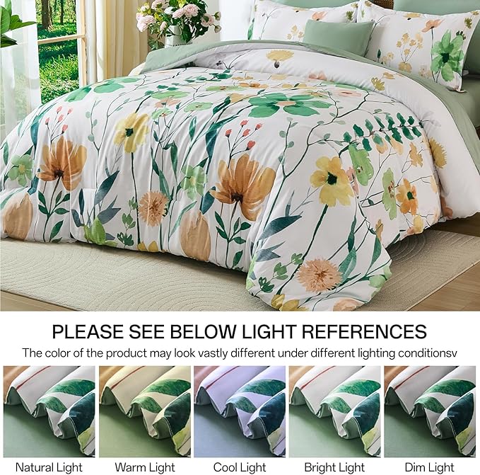 Anibedding 8Pieces King Size Comforter Set, Sage Green Watercolor Floral Queen Size Bed in a Bag Comforter Set with Pillowcase, Sheets for All Season