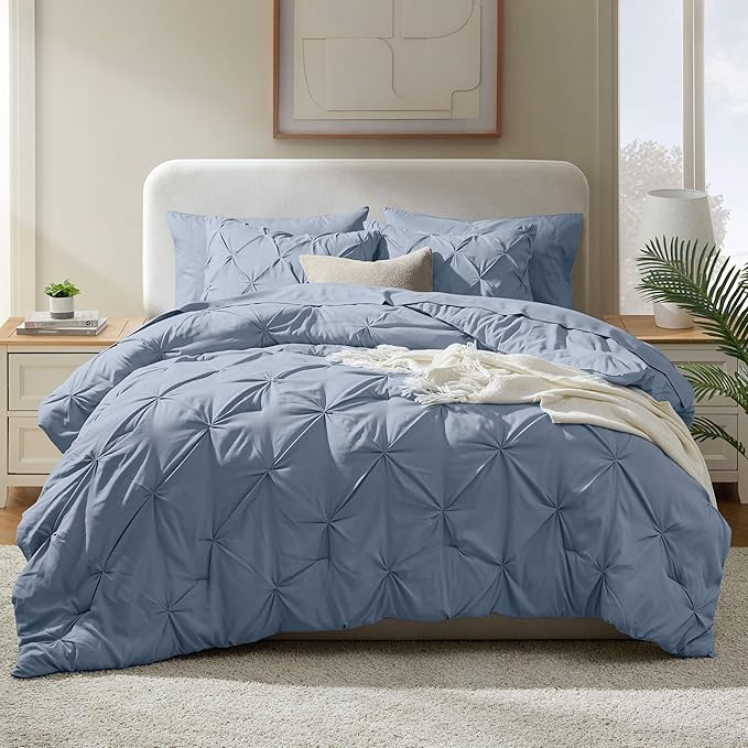 Nestl Full Size Comforter Set - 7 Piece Pinch Pleated Bedding With Sheets, Pillowcases, and Shams - All Season Bed in a Bag, Stone Blue