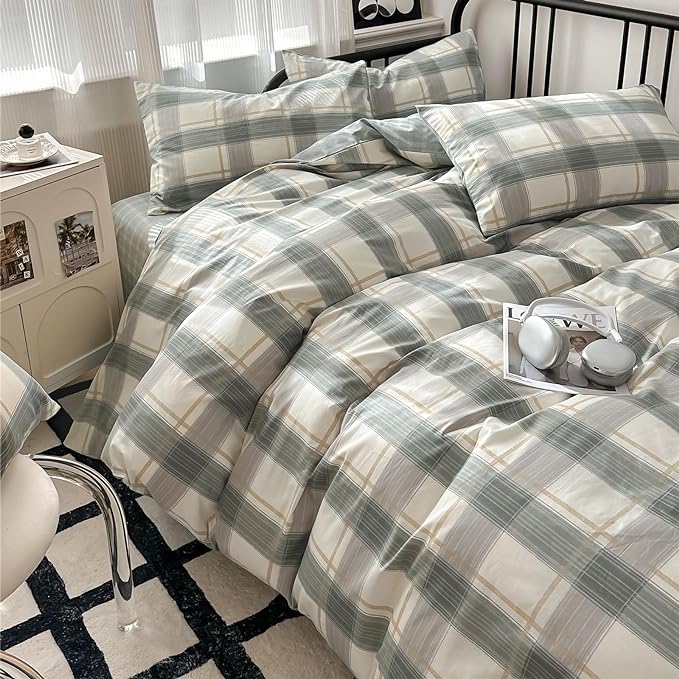 VM VOUGEMARKET Green Gingham Comforter Set Full,3 Pieces Plaid Comforter with 2 Pillowcases for Men Boys Simple Modern Bedding Set (80"x90")