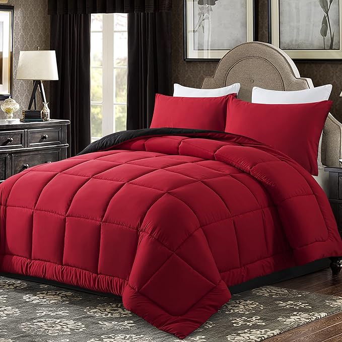 DOWNCOOL Queen Comforter Set -All Season Bedding Comforters Sets with 2 Pillow Cases-3 Pieces Bedding Sets Queen -Down Alternative Red/Black Queen Size Comforter Sets(88"x92")