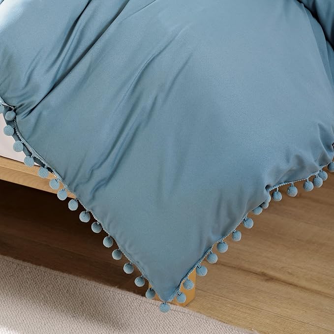 YIRDDEO King Size Comforter Set - King Size Comforter with Ball Pom Fringe, Soft King Bedding Set for All Seasons - 3 Pieces, 1 Comforter (104"x90"inches) & 2 Pillow Shams(20"x36"), Dusty Blue