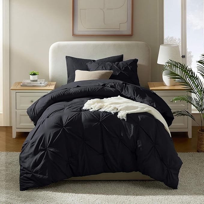 Nestl Twin Comforter Set 5 Piece - Pintuck Twin Bedding Sets Black, College Dorm Room Essentials for Girls and Boys Bed in a Bag Twin All Season, Twin Comforter Set with Sheets, Pillowcase and Sham
