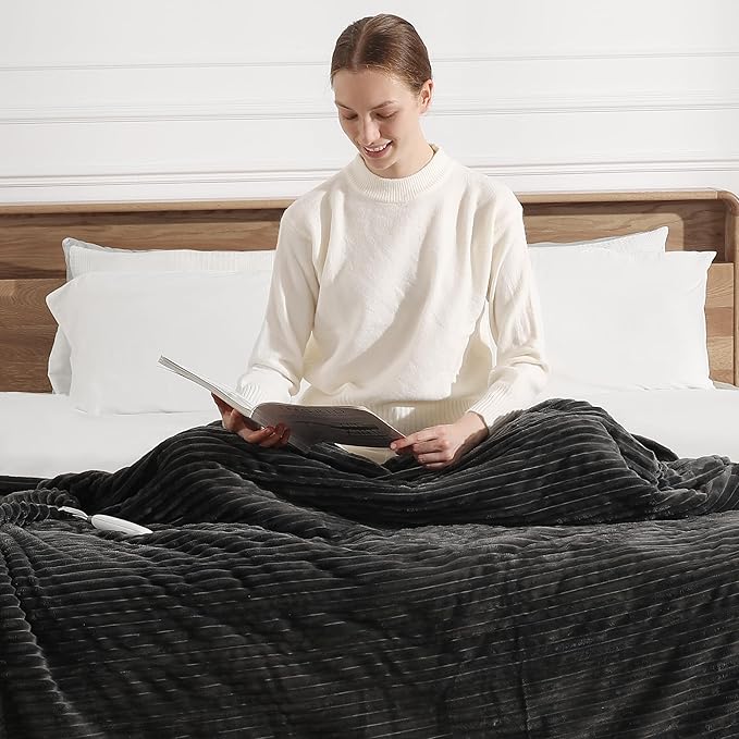 Electric Blanket Twin Heated Blanket 62"x84" Striped Flannel & Thick Sherpa, 5 Heat Settings & 10 Hour Auto Off with FCC/ETL Certified, Overheat Protection & Machine Washable, Charcoal Grey