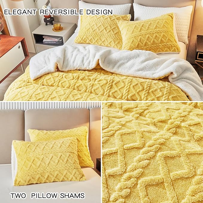 Joyreap 3-Piece Fluffy Faux Fur Sherpa Comforter Set, Twin Size Luxury Tufted Bedding Comforter Set, All Season Soft n Cozy Plush Comforter Bed Set- Yellow, 68x86 inches