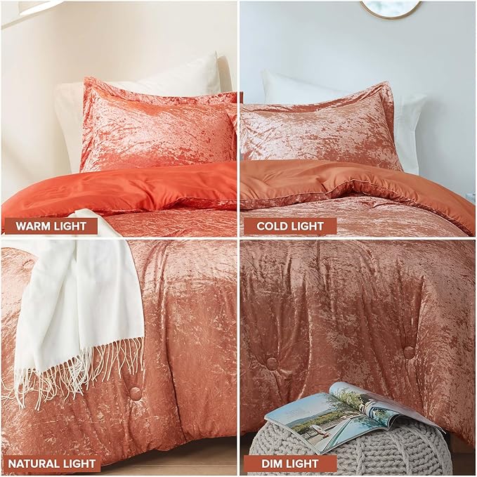 Comfort Spaces Luxe Queen Comforter Set Velvet Comforters for Queen Size Bed, Microfiber Reverse, Juliette, All Season Velvet Bedding Queen Size, Fluffy Bed Set, Sham, Full/Queen, Burnt Orange 3 Piece