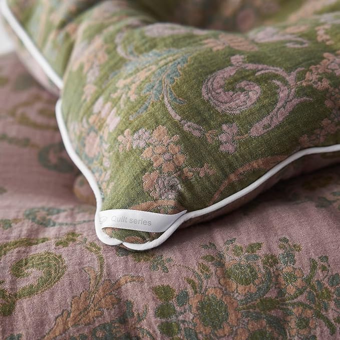 MKXI Floral Linen Comforter Set Full Army Green Vintage Paisley Comforter Bedding for Neutral Bedroom Rich Rust Jacquard Floral Bed Comforters for Men Women Cotton Yarn-Dyed Textured Soft Lightweight
