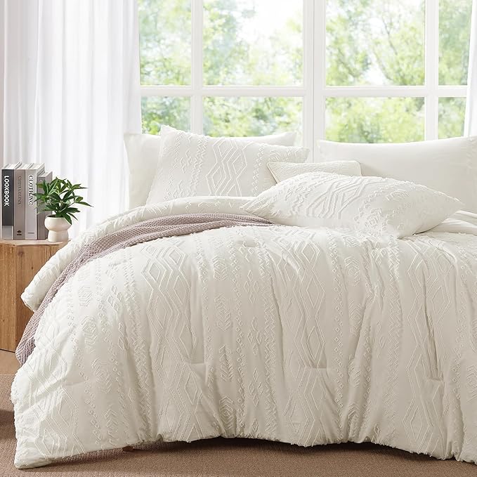 Queen Comforter Set White, Tufted Boho Bedding Farmhouse Bed Set, All Season 7 Pieces Bed in a Bag with Sheets, Pillowcases & Shams