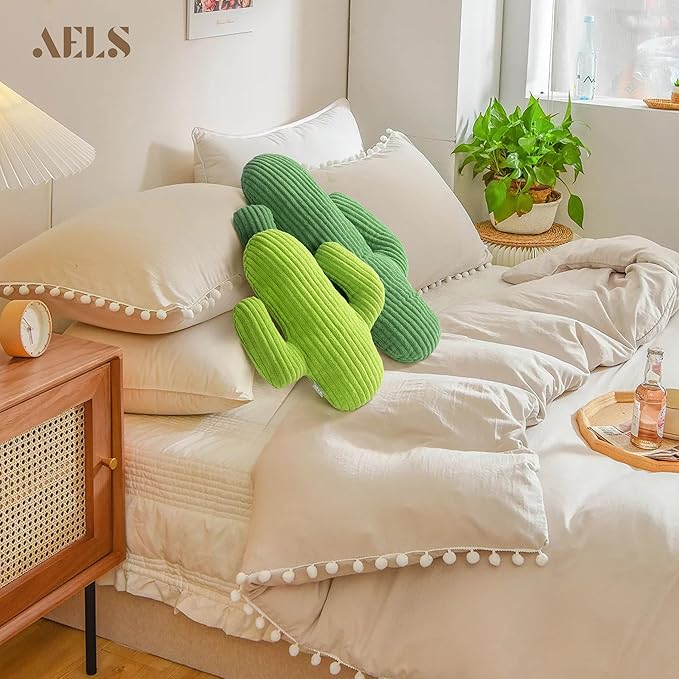 AELS Set of 2 Cactus Decorative Throw Pillows, 22"&14" Corduroy Striped Cactus Plush Pillow Set, Office Nap Pillow, Cute Succulent Throw Pillow for Nursery Bedroom Room Decor, Grass Green & Lime Green
