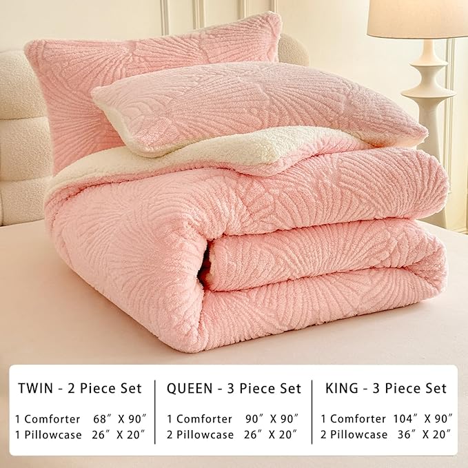 Seashell Jacquard Sherpa Comforter Set Warm Cozy Premium Bedding 3 Pieces, Full/Queen Size Geometric Pattern Quilt Comforter with 2 Pillowcases(90"X90" Light Pink)
