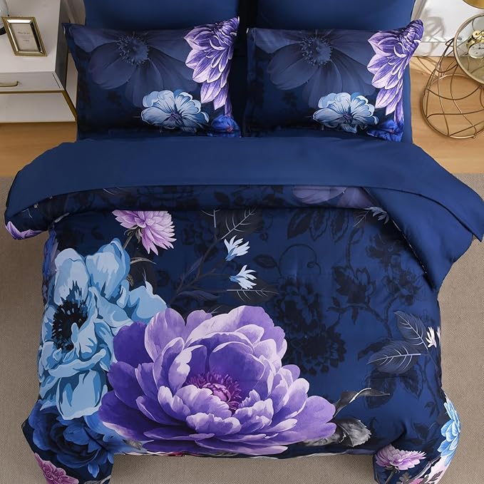 WONGS BEDDING Floral Comforter Set Queen Size, 7 Pieces Purple Bed in a Bag Comforter Bedding Set, Soft Microfiber for All Season with Pillowcases & Shams,Sheets(90"×90")