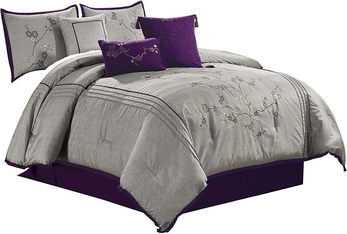 Chezmoi Collection Miki 7-Piece Luxury Floral Purple/Gray Cherry Blossom Embroidery Comforter Set, Queen