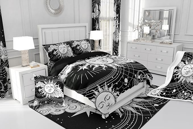 Erosebridal Black White Sun Moon Bedding Set Queen Size Hippie Comforter Set, Boho Exotic Home Decor Down Comforter Modern Kid Teen Boy Girls Bohemian Indian Duvet Insert for Bedroom