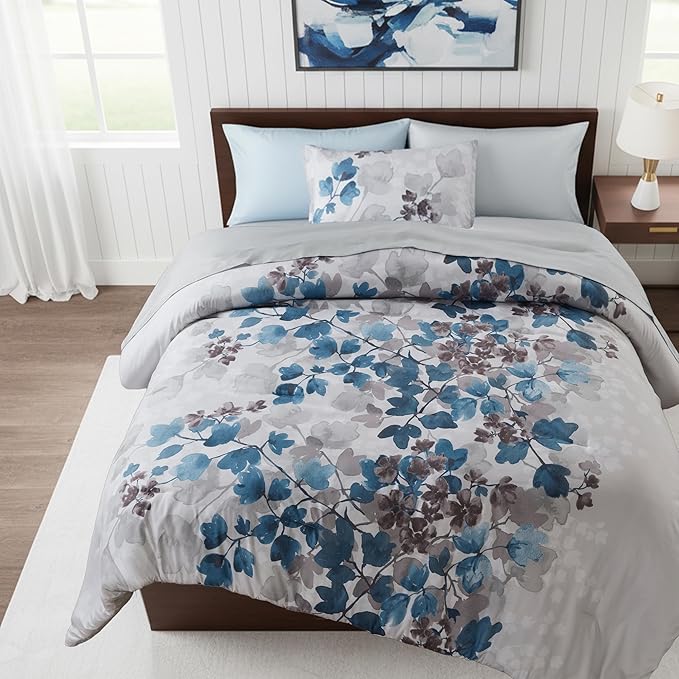 Twin Comforter Set Blue Bed Set, 6 Pieces Cute Floral Bedding Set Ultra Soft Botanical Flowers Comforter, Sheets, Pillowcase & Sham