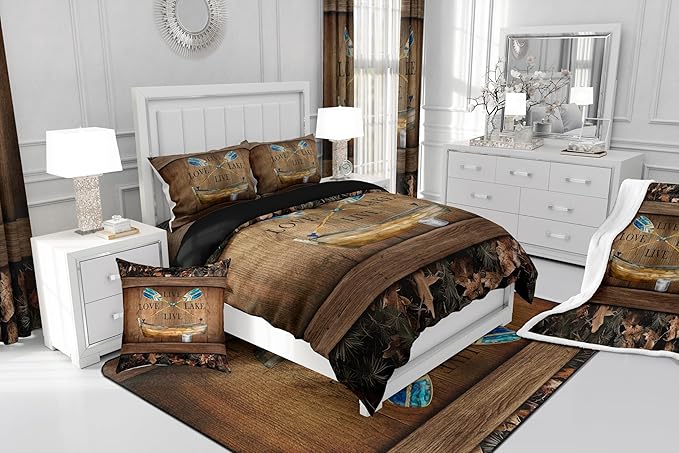 Erosebridal Lake House Comforter Set Full Lake Paddle Boat Bedding Set Gifts for Men Women Kids,Rustic Cabin Camo Bedding Comforter Sets Woodland Tree Branch Leaves Camouflage Bed Set 3 Pcs