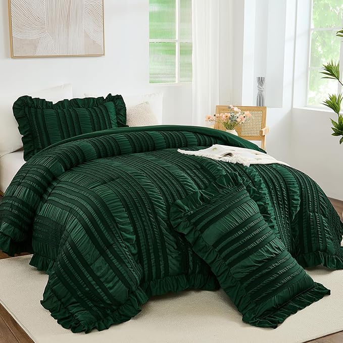 WONGS BEDDING King Size Comforter,Christmas Emerald Green Boho Comforter Set King,Shabby Chic Bedding Set for Bed, 3 Pieces Soft Lightweight Farmhouse Comforter for All Season 104"×90"