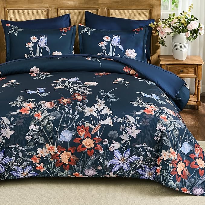 WONGS BEDDING Queen Comforter Set 7 Piece, Navy Blue Floral Bed in a Bag Bedding Set with Botanical Flowers Patterns, Soft Lightweight Complete Comforters with Sheets for All Season