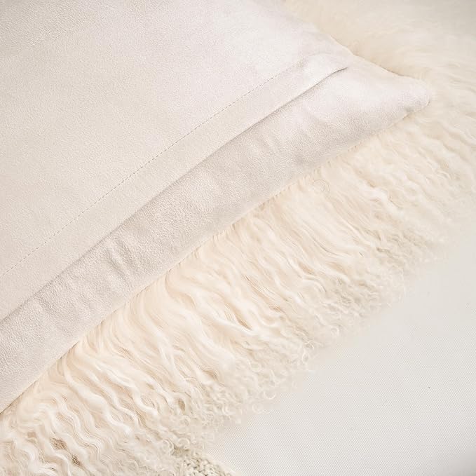 Genuine Mongolian Lamb Fur Pillow Cover – 12"x20" Rectangular Cushion Case – Soft Curly Wool Decorative Accent for Sofa, Bed, or Chair (Beige)