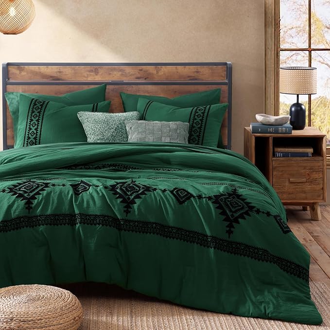 MaiRêve Embroidery Comforter Set, Boho Farmhouse Western Bedding Set, All Season Bed in A Bag Comforter Set with Sheets, Pillowcases & Shams, Emerald Green Queen 7 Pieces