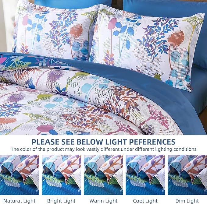 Anibedding Full Size Comforter Set, Blue Botanical Bed in a Bag Complete Set with Sheet Pillowcase for Kid's Bedroom All Season