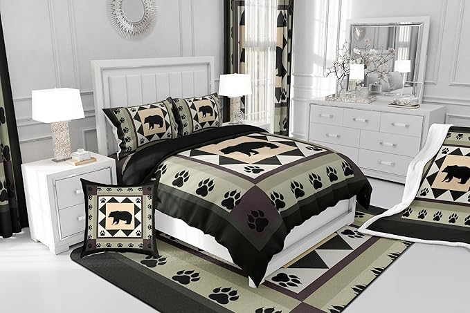 Feelyou Western Rustic Bear Print Full Size Comforter Set,Wild Animal Hunting Theme Bedding Comforters Bedroom Collection, Rustic Cabin Country Decor Bedding Set for Girls Teens with 2 Pillowcases