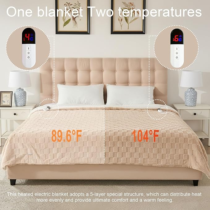 Heated Blanket with 6 Heating Levels 10 Hours Time Setings and Auto-Shut Off, Soft Checked Flannel Fast-Heating Electric Blanket (Khaki, 90"X100")