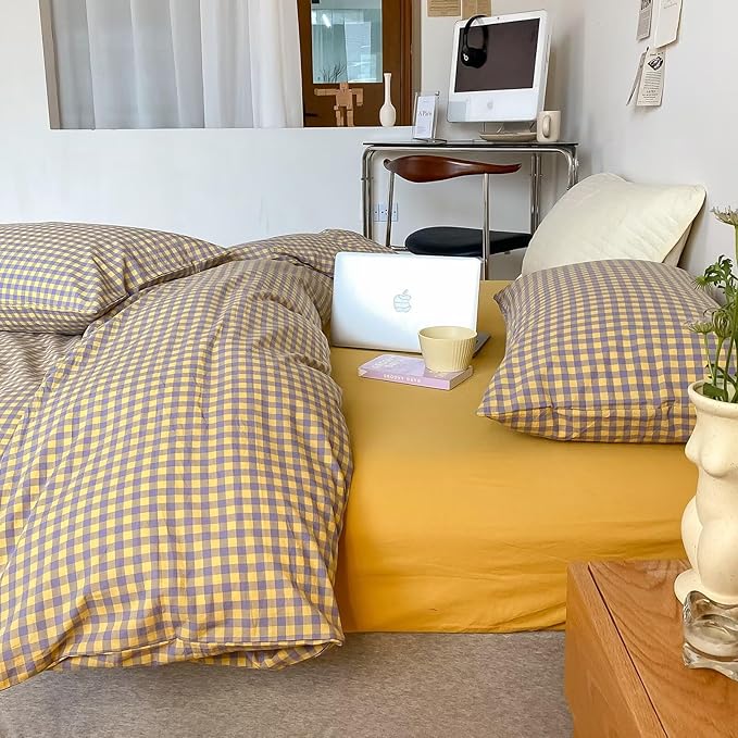 mixinni Yellow/Purple Gingham Comforter Set Full, Plaid Comforter Set 3 Pieces 1 Vintage Grid Comfoter with 2 Pillow Cases for All Seasons, Soft Fluffy Modern Grid Pattern Printed Bedding-Full Size