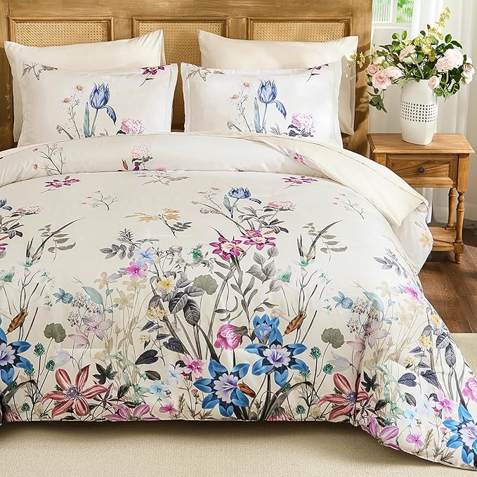 WONGS BEDDING Floral Comforter Set King, 7 Piece Beige Bed in a Bag Bedding Set with Botanical Flowers Patterns, Soft Lightweight Complete Comforters with Sheets for All Season