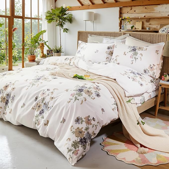 Floral Comforter Queen Size 100% Cotton Comforter with Blush Blue Floral 3 Pieces Vintage Botanical Bedding Sets Soft and Lightweight Comforter Set for All Seasons