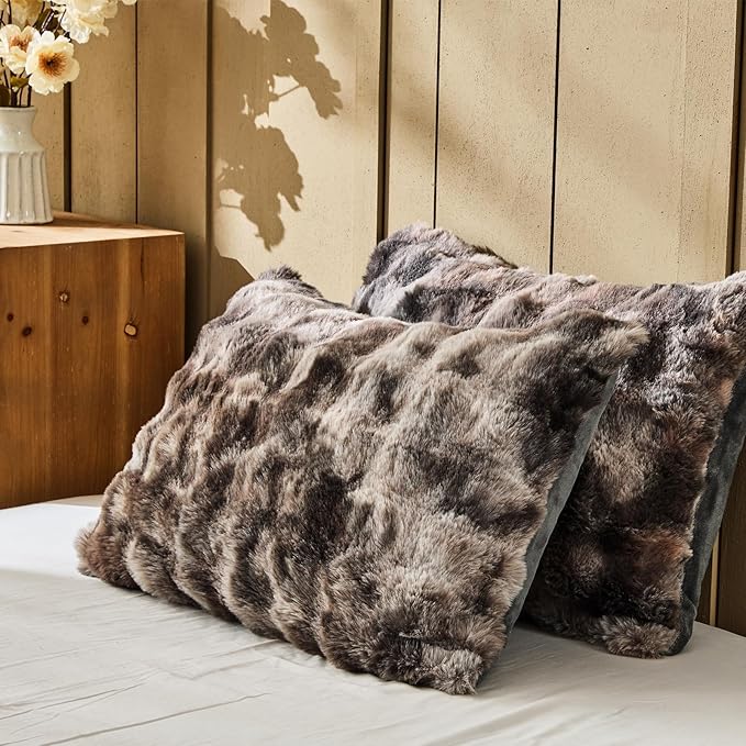Lotus Karen Faux Fur Queen Comforter Set – Tie-Dye Dark Gray Fluffy Comforter Queen Size, Big Bubble Faux Rabbit Fur Bedding Comforter Sets, Cozy Fuzzy Bed Set 3 Pieces, 1 Comforter and 2 Pillowcases