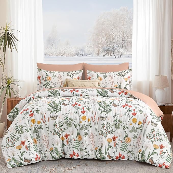 Yiran 7 Piece Floral Comforter Set King Size, Pink Green Summer Comforter Bedding Set, Botanical Bed in a Bag with Flowers Pattern, Soft Microfiber Complete Bedding Set with Sheets for All Season