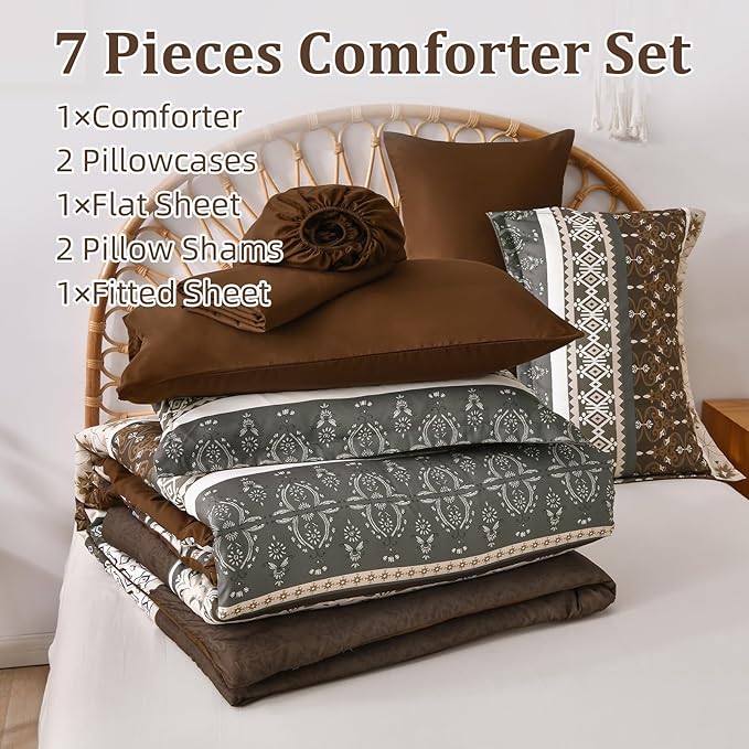 WONGS BEDDING Boho Comforter Set King, 7 Pieces Brown Comforter and Sheet Set,Bohemian Striped Floral Pattern Comforter Bedding Set,Soft Microfiber Bed in a Bag for All Season